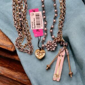 NEW Rare Betsey Johnson Long Layered Necklace with Extender Pink Skis Ski Poles
